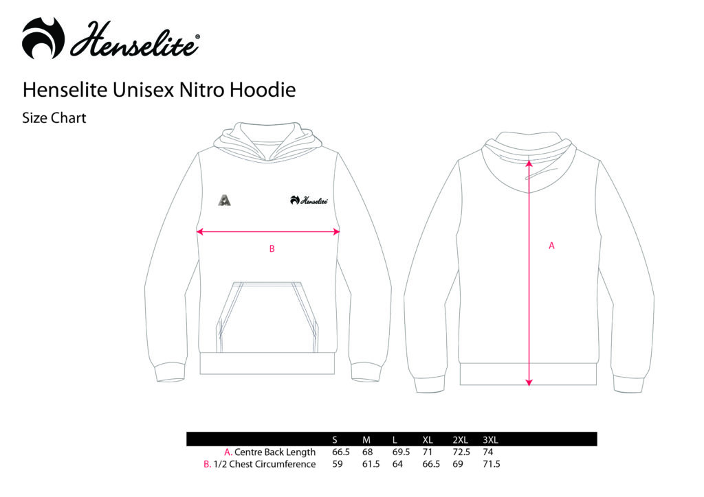 Henselite unisex Nitro hoodie size chart