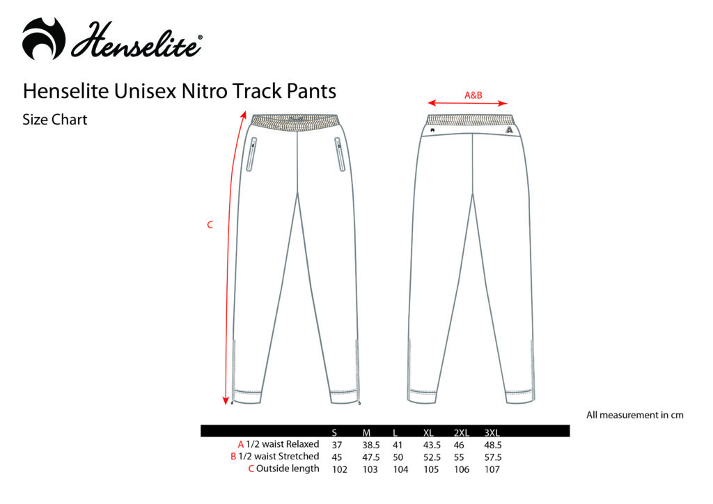 Henselite Unisex Nitro track pants size chart S to 3XL