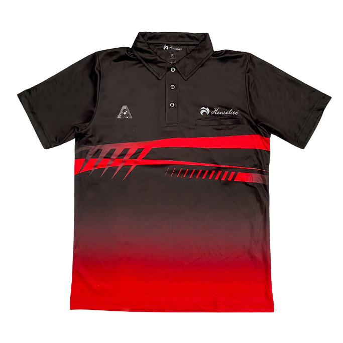 Henselite Challenger Men's Lawn Bowls Polo Shirt Black Red Front 53112051145152