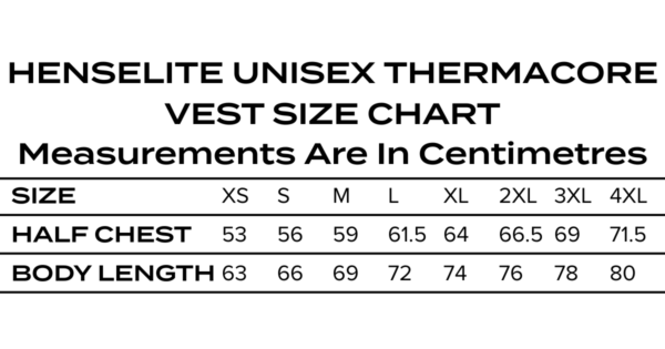 Henselite Unisex Thermacore Vest Size Chart