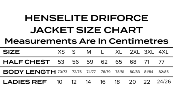 Henselite DriForce Jacket Size Chart V2
